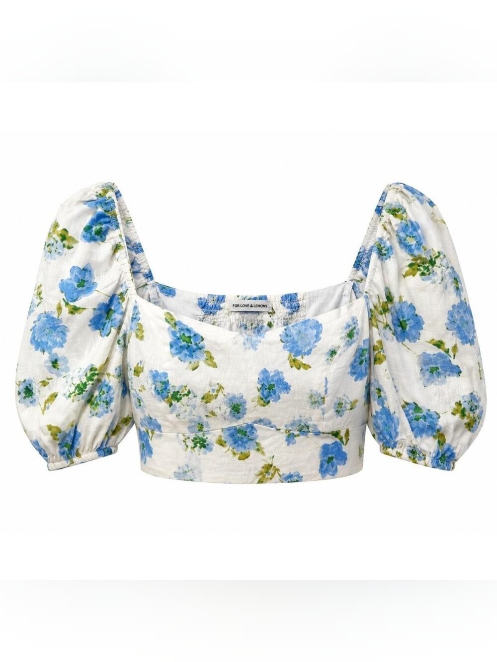 Zara White Crop Top with Blue Floral Puff Sleeves